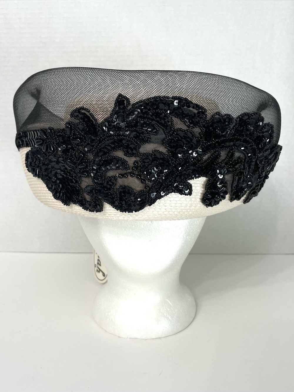 Vtg Deborah New York Church Derby Hat White Straw Black Beaded Tulle 22” NWT
